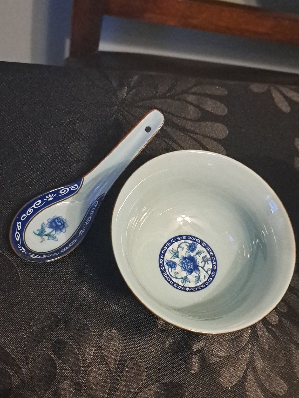 Vintage Blue Floral Ceramic Soup Bowl and Spoon Set by